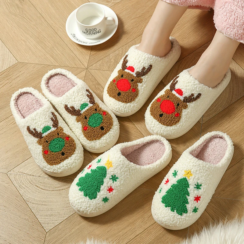 Red Green Christmas Tree Reindeer Slippers Woman Winter Indoor Plush Mules Man Lady Couple Warm Fluffy Bedroom Shoes For Gift