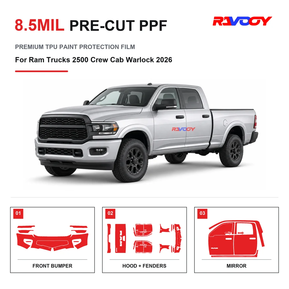 Film de protection de peinture transparent en TPU auto-cicatrisant, hydrophobe et anti-UV, prédécoupé pour Ram Trucks 2500 Crew Cab Warlock 2026, 8,5 mil.