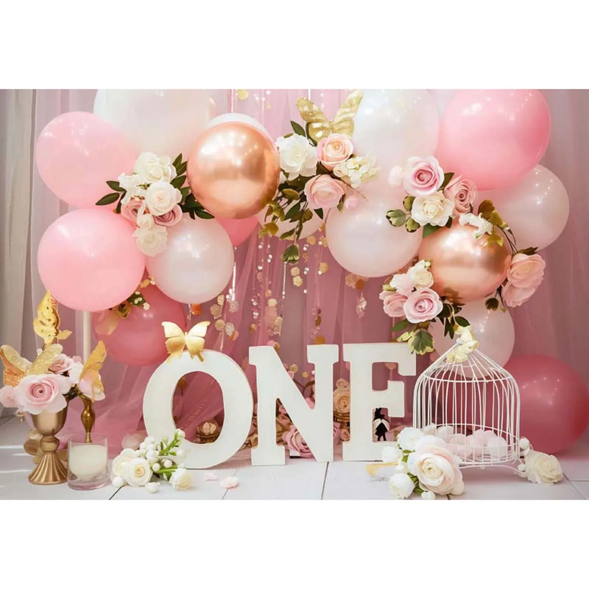 Allenjoy Pink Flower Balloons ONE Birthday Backdrop