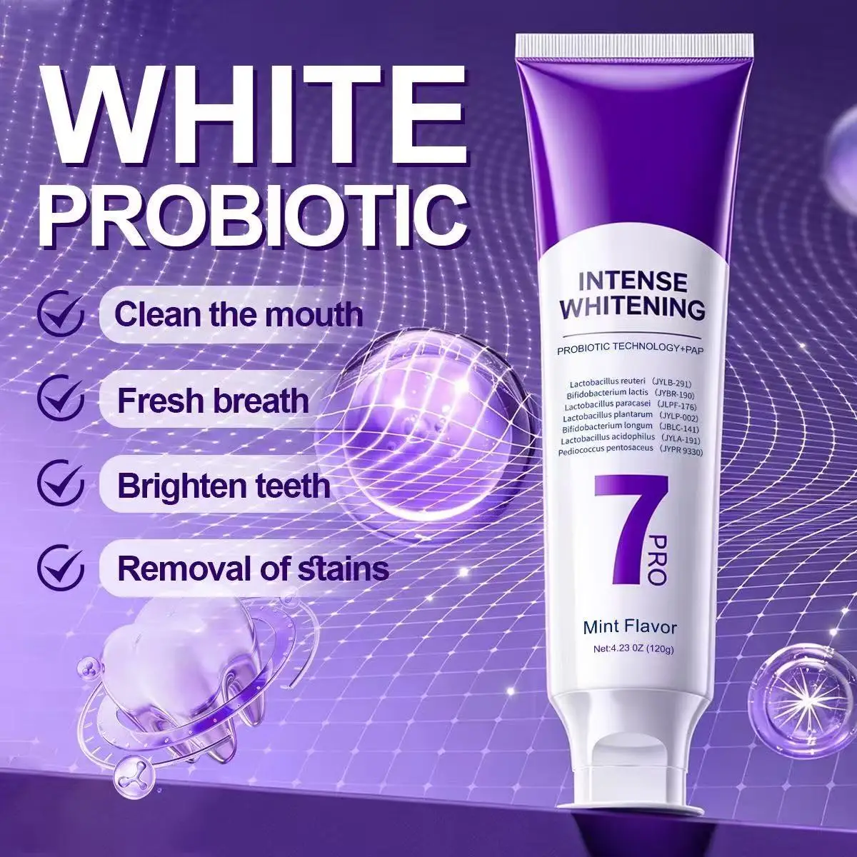 

7-Pro Probiotic Whitening Toothpaste: Eliminates Yellowing and Stains, Repairs Enamel, Freshens Breath – 120g