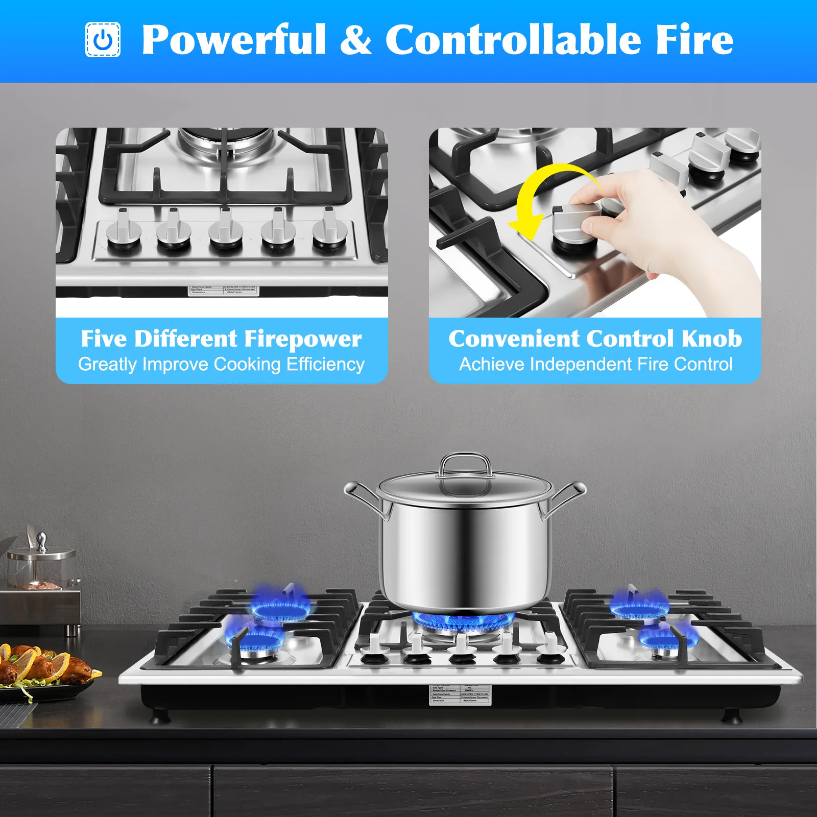 

Stainless Steel NG LPG Gas Built In Cooktop Countertop Cook Stove 5 Burners