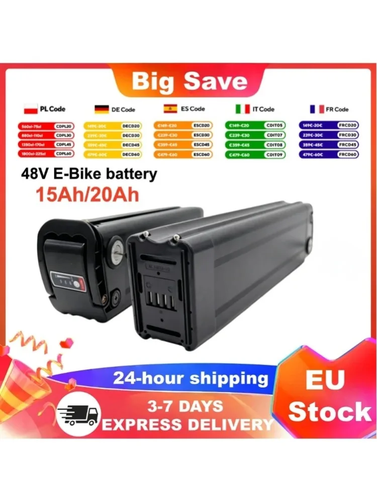 48V 15Ah 20Ah 18650 Lithium-Akku mit Integriertem BMS, Wiederaufladbarer E-Bike-Akku mit Ladegerät für Silverfish 250W-1000W Bafang Motorkit