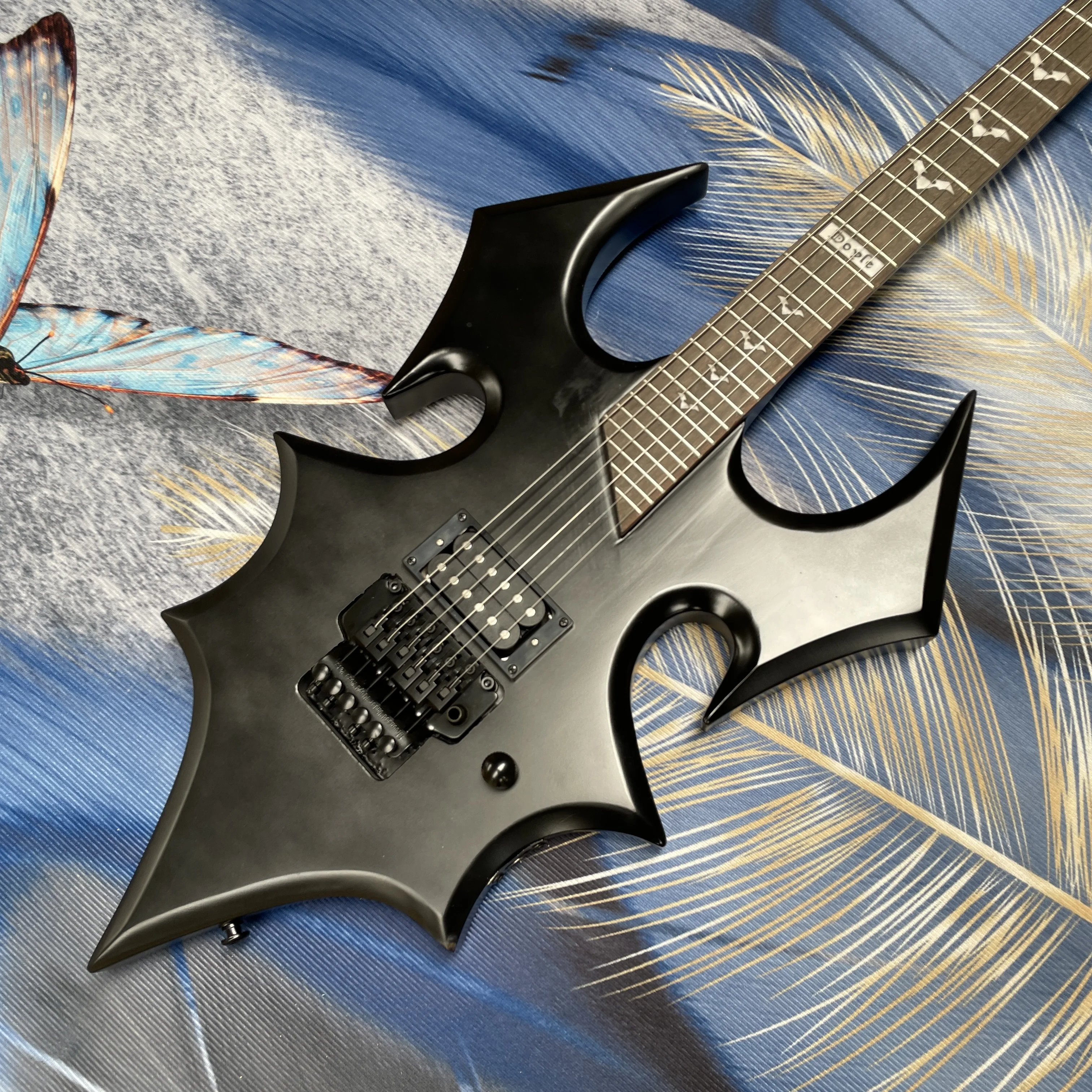 

6-string matte black electric guitar, irregular angular body, vibrato system guitars, Personalized electric guitarra