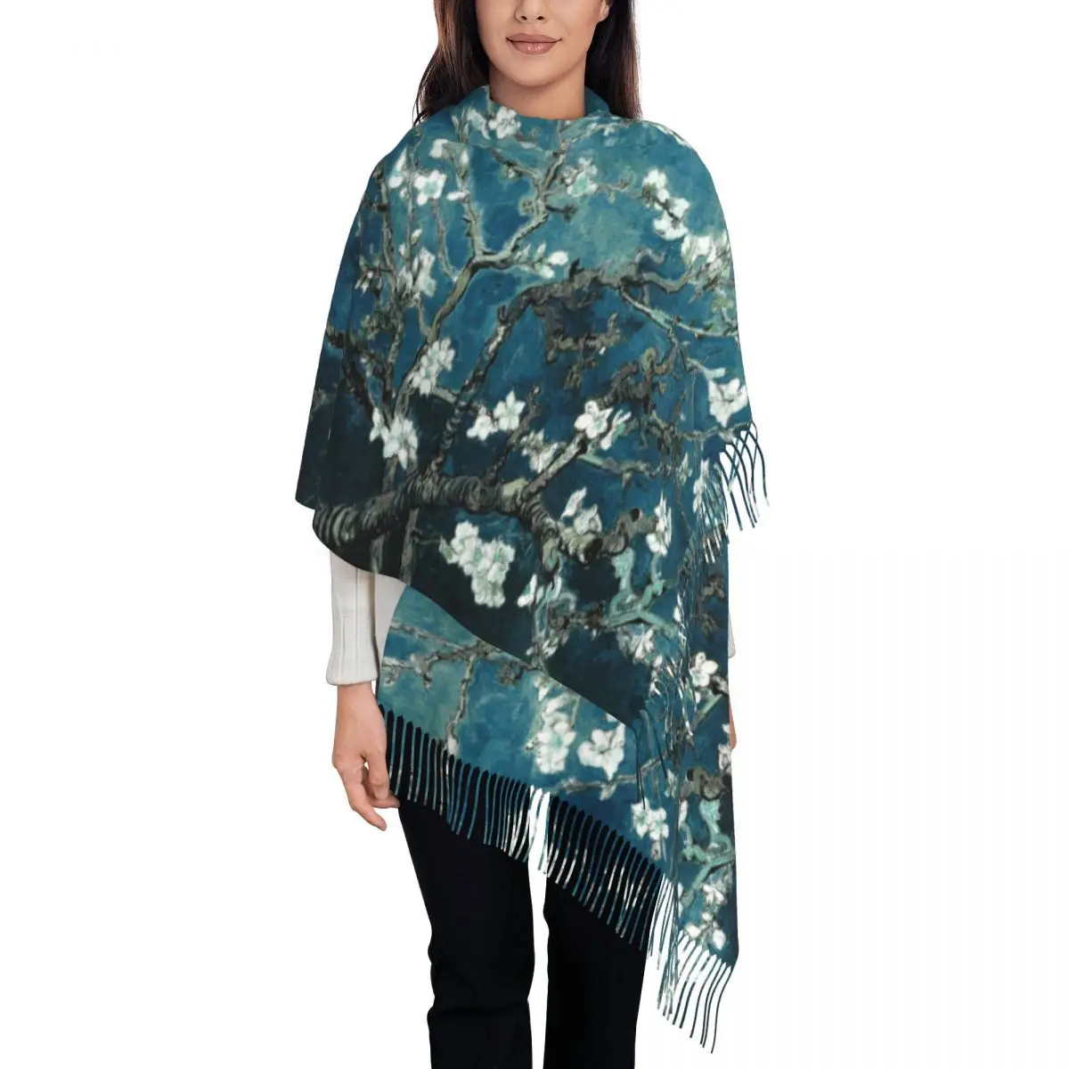 Van Gogh Almond Blossoms Tassel Scarf Women Soft Flowers Painting Shawl Wrap Ladies Winter Fall Scarves