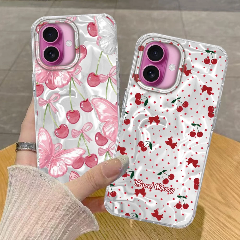 Vollbild Cherry INS Girl Luxus-Handyhülle für iPhone 16 17 Pro Max Air 16e 15 14 13 12 7 8 Plus XS XR SE 2022 Cover