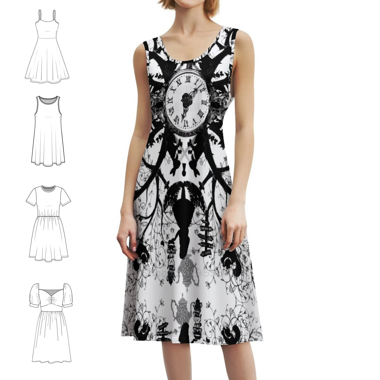 Think Ink Bohemian Sleeveless Dress Multi-Print Beach Vacation Party Dress Alice In Rabbit Creepy Scary Mandala Women's Dress