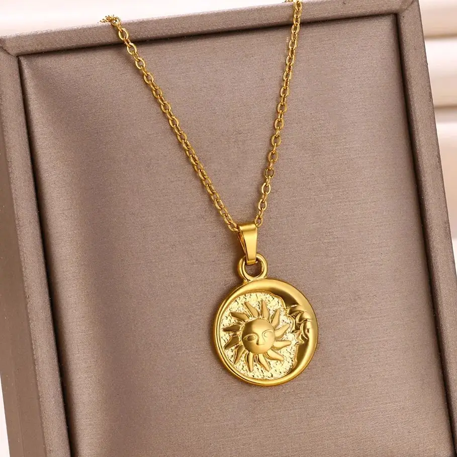 Stainless Steel Sun Moon Coin Necklaces For Women Vintage Gold Color Round Necklace Choker Geometric Jewelry Gifts Wholesale