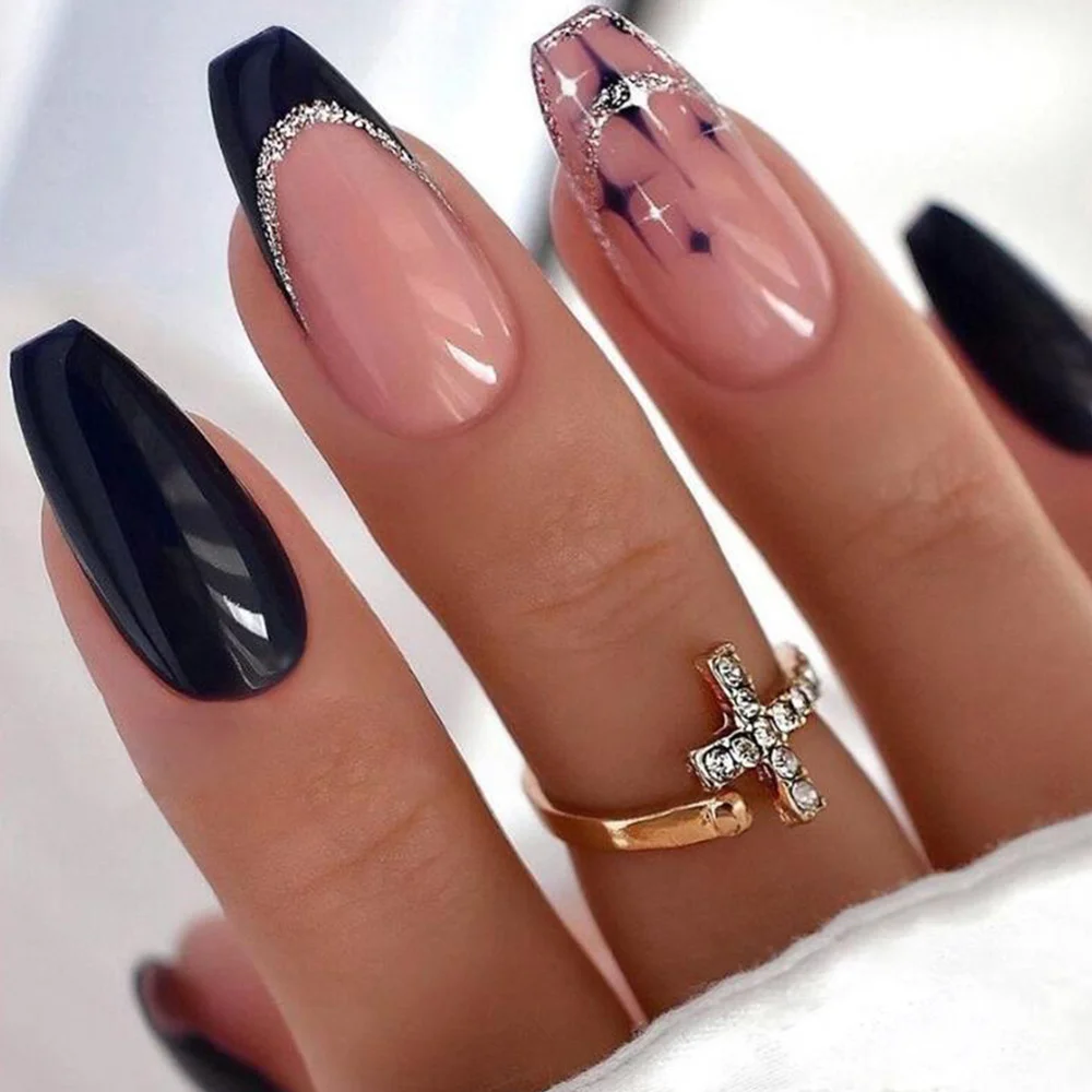 Trendy French Fringe Manicure Sweet Cool Black Cross Stars False Nails Press on Nails Short Ballerina Fake Nail Tips with Design