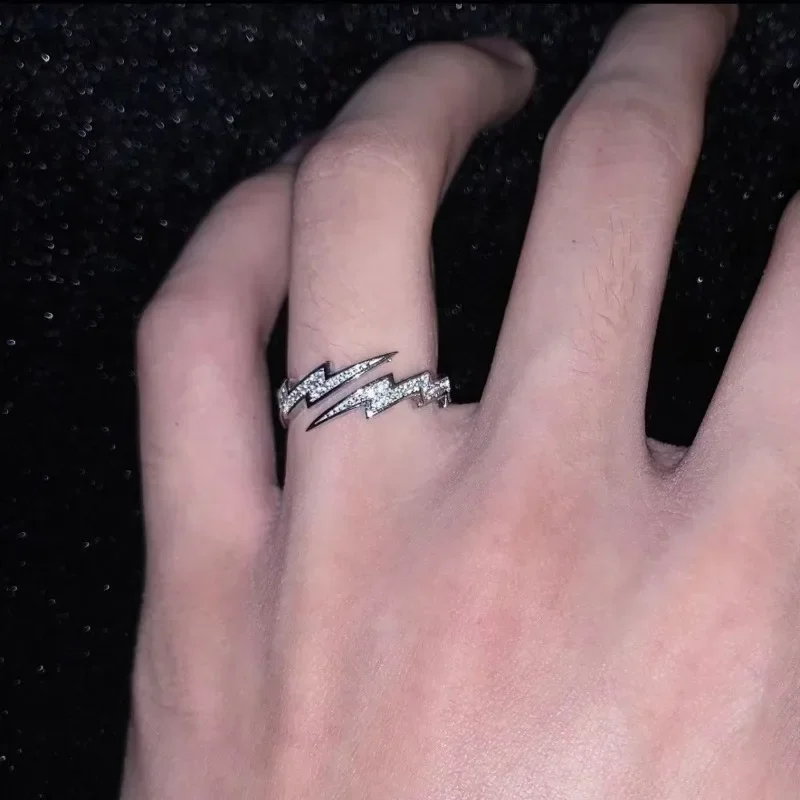 2024 New Hip Hop Silver Color Lightning Open Rings for Women Men Trendy Irregular EKG Index Finger Ring Personality Jewelry Gift