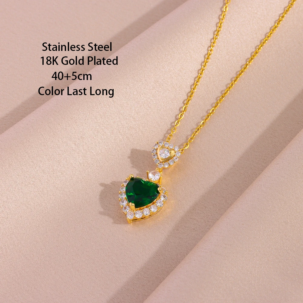 New In Vintage Green Zircon Crystal Heart Pendant Stainless Steel Necklaces For Women Trendy Retro Female Clavicle Chain Jewelry