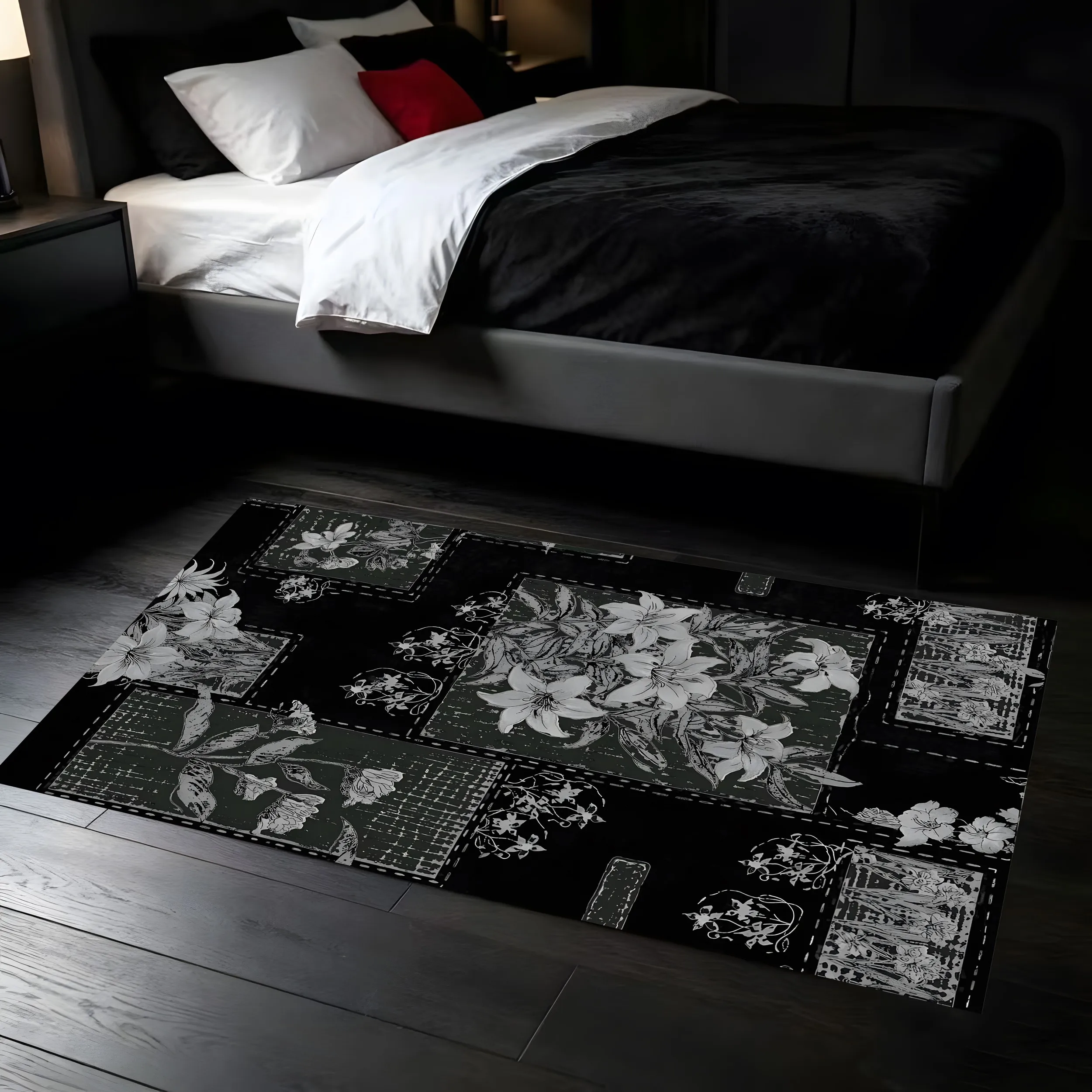 Black White Floral Patchwork Dark Vintage Velvet Rug for Halloween Living Room Bedroom Sophisticated Home Decor