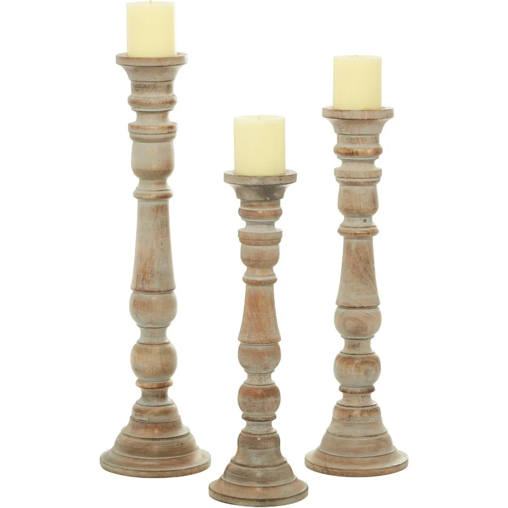 

Deco 79 Mango Wood Candle Holder with Turned Style, Set of 3 24", 21", 18"H, Brown