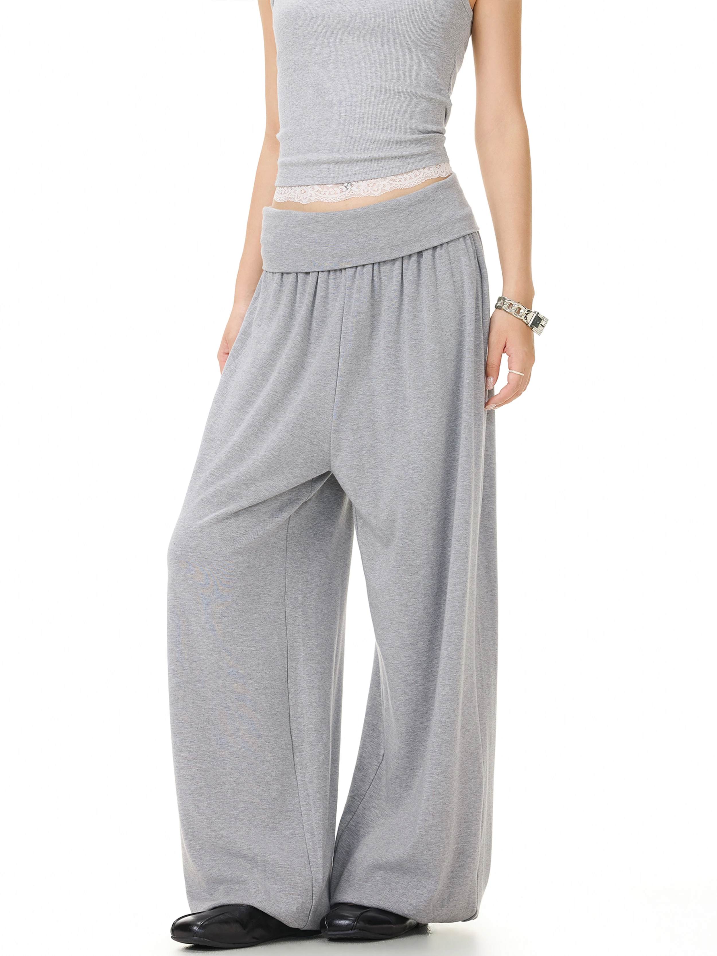 American Style Lazy Basic Flip Waist Design Casual Pants Loose Wide Leg CleanFit Trousers Ladies Cotton Blend Elastic Fiber