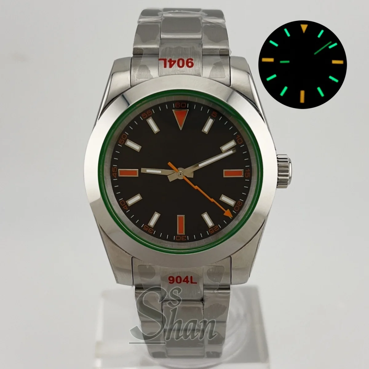 ساعة Mingzhu NH35A للرجال 36 ملم 39 ملم إطار داخلي أخضر زجاج الياقوت قرص أسود عقارب فضية سوداء برتقالية برق ثانية يد