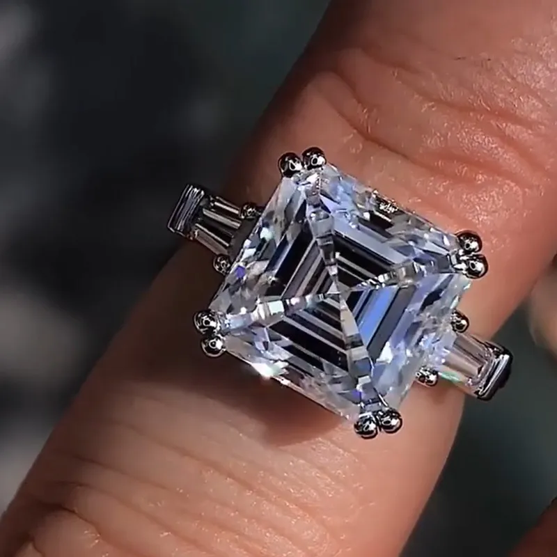 Luxury Asscher Cut 12mm Lab Diamond Ring 925 Sterling Silver Engagement Wedding Band Rings for Women Jewelry