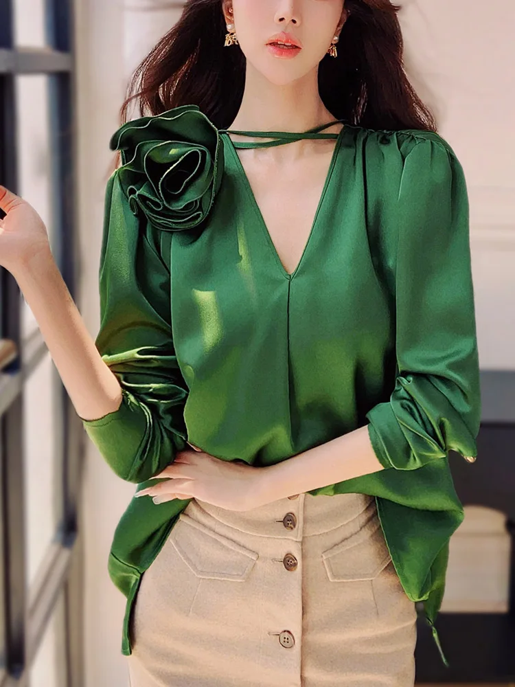 DABUWAWA Embroidered Flares Satin Shirts & Blouses Ruffled V-Neck Tops Woman 2024 Lantern Sleeve Y2k Clothes DA1CST007