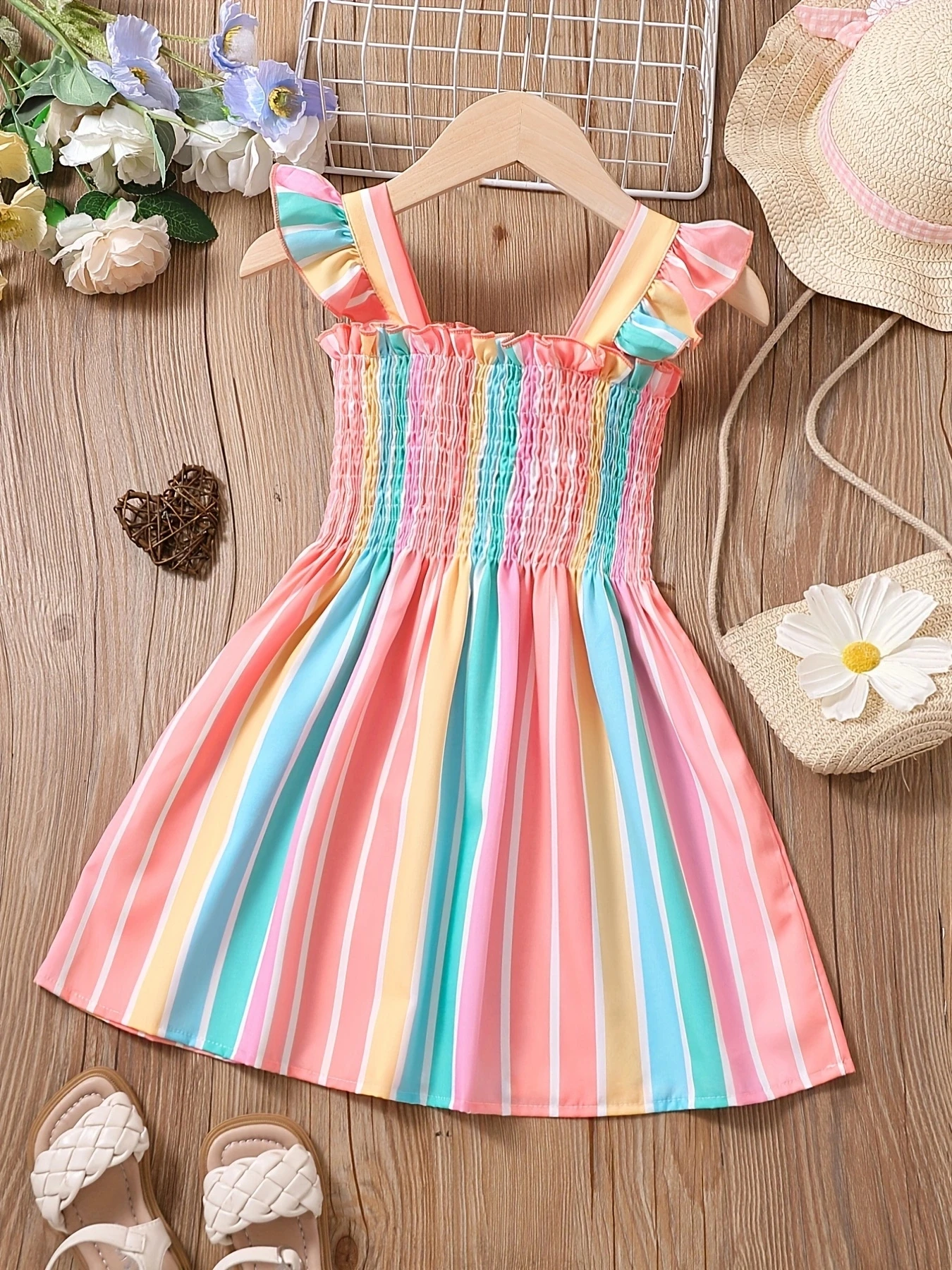 Vestido acampanado plisado paralelo a rayas para niña, el último vestido informal de arcoíris con tirantes de verano para niña en 2025