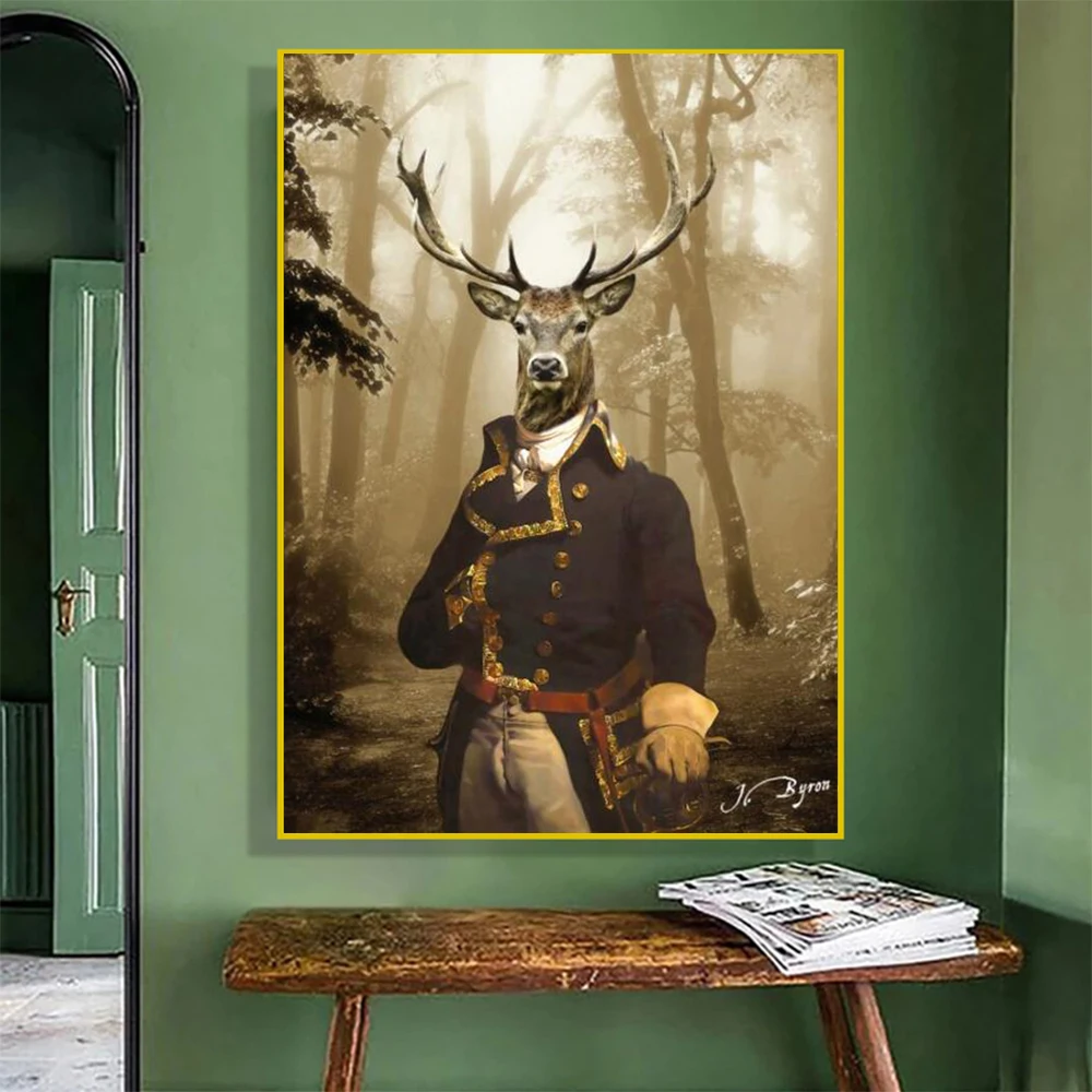 Deer Animal in Clothes Gentleman Wall Art Renaissance Poster And Prints Animals Canvas Stag Picture For Bedroom Decor Painting