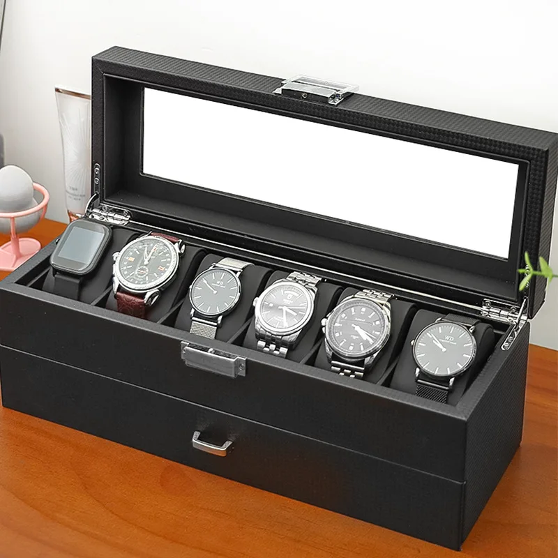 New 2-Tier Wooden Watch Box Drawer Display Case Organizer with Clear Lid Earrings  Jewelry Necklaces Storage Gift Showcase