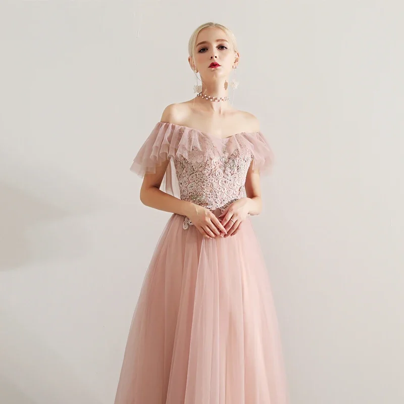 Classic Luxury Pink A-line tulle Decal beaded off-the-shoulder Elegant women's dress Bride Bridesmaid Party Ball Evening Gown