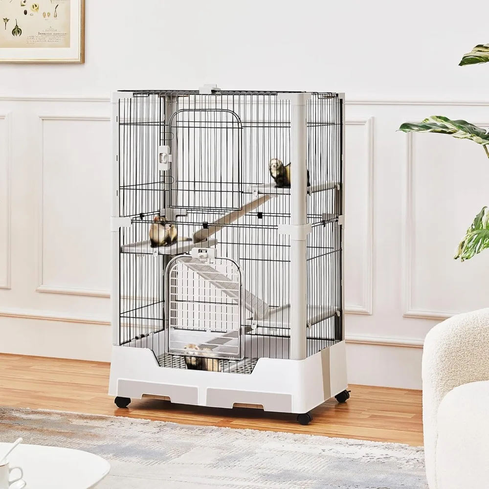 Rolling Small Animal Cage 4 Level Pet Cage with Open Top&Pull-Out Tray for Rabbits, Guinea Pigs, Ferrets and Chinchillas