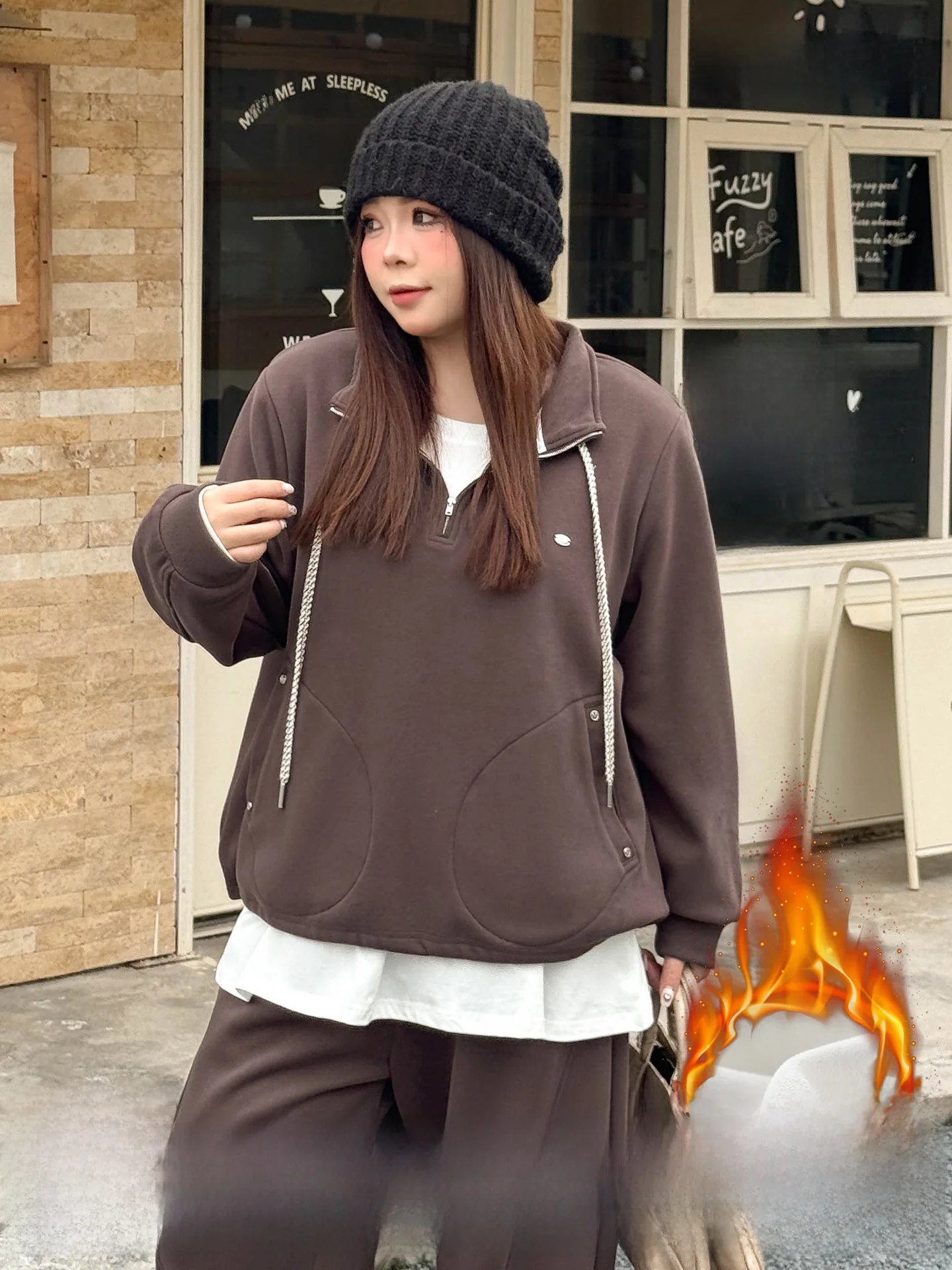 

plus Size Women's Sportswear Set Oxygen Feeling Fce Lined Stand Collar Sweatirt Pants Two Piece Casual Comfortable Cotto...