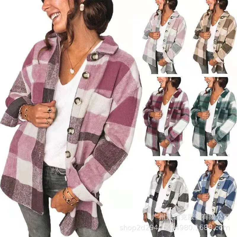 New Plaid Shirt Women's Autumn Winter Breasted Pocket Casual Coat Shacket Long Sleeve