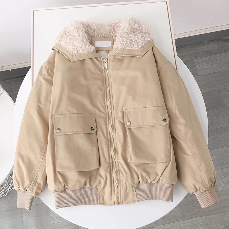 Winter Short Parkas Women Pink Fleece Down Coats Fashion Hairy Puffer Jacket Ladies Korean Pockets Thick Cotton Padded Outwear