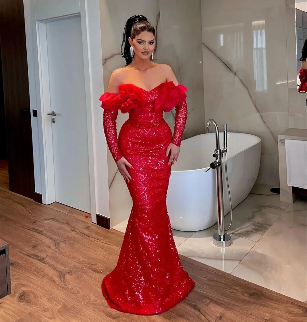 

Red Sequins Long Sleeves Bespoke Occasion Gown Evening Dresses Prom Pastrol Unisex Jersey Retro Dubai Saudi Arabic Customized