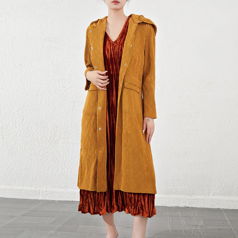 Coat For Women Autumn Hooded Loose Miyake Pleated Long Seeved  Warm Solid Colour Casual Long Outerwear