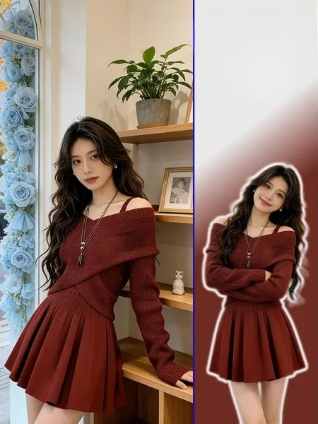 

plus Size Red New Year Knitted Sweater Dr Two Piece Set High Waist One oulder Vest Dr Inner Wear Long Sve Crew Ne