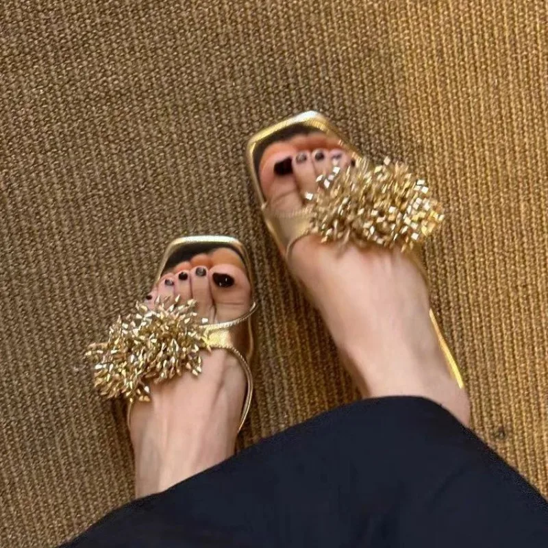 النساء الصنادل الصيف صنادل مماشي للموضة ساحة تو أحذية النساء سلسلة الخرز عالية الكعب الصنادل البوهيمية السيدات Zapatos De Mujer #1