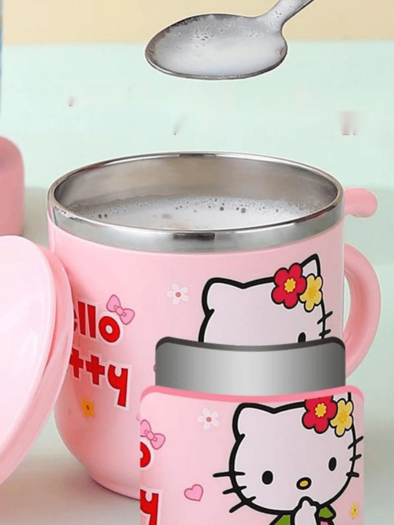 1 قطعة كوب قهوة من الفولاذ المقاوم للصدأ معزول بسعة 9.47 أونصة من HelloKittys مع مقبض وغطاء - كوب ماء لطيف ومتين #6