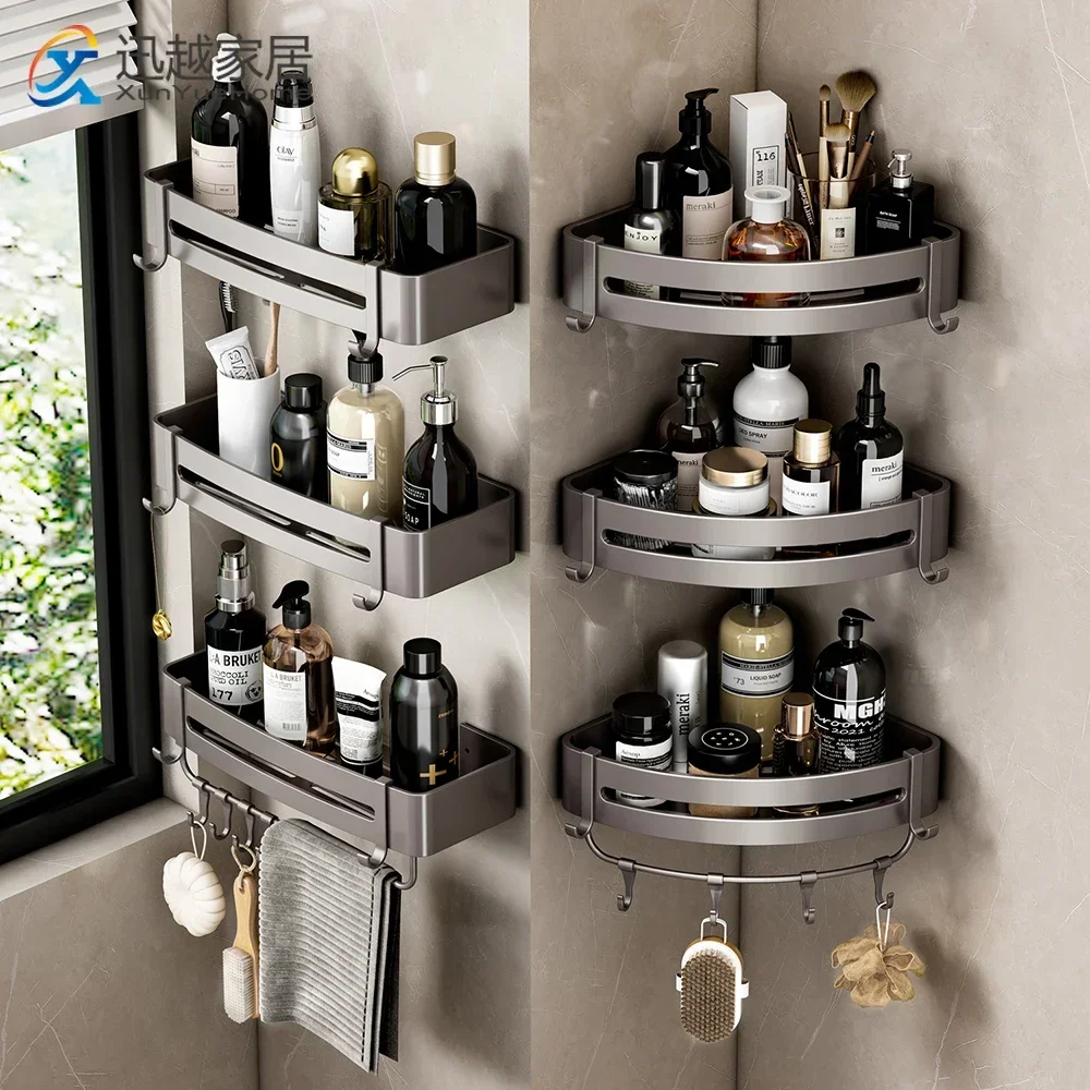 Bathroom Shelves Wall Corner Tray Gun Gray Aluminum Shower Rack Shampoo Organizer Holder With Hook Towel Bar Kitchen Accessories