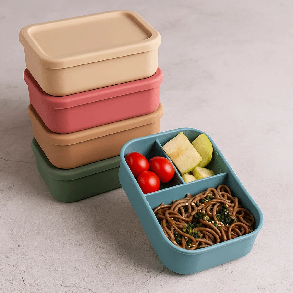 

3 Compartments Silicone Lunch Box Rectangular Heat Resistant Food Container Microwavable Lunch Container School