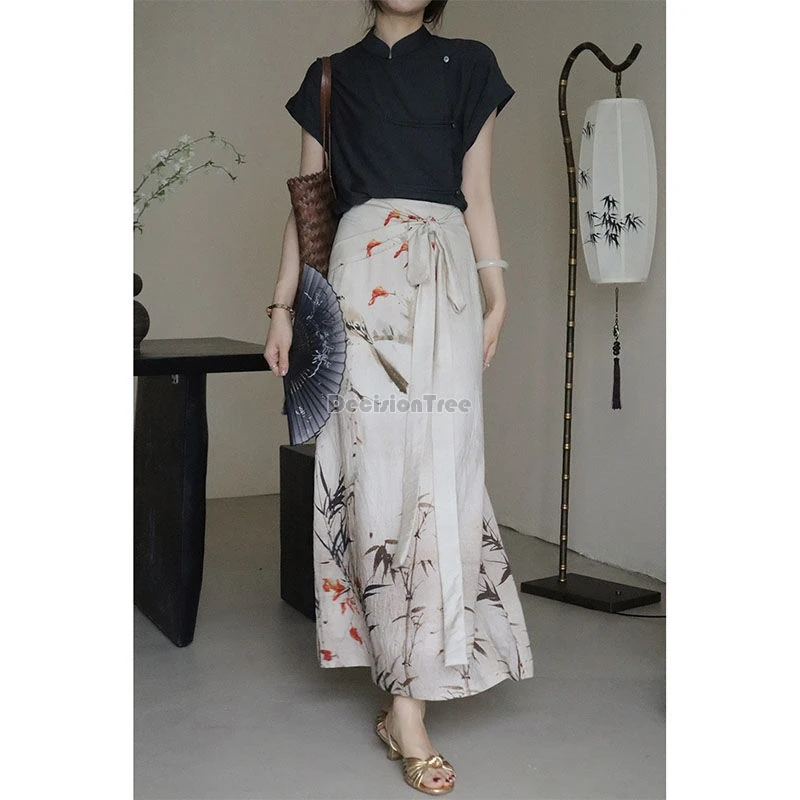 2024 new vintage chinese style zen tea set stand collar solid color simple temperament top ink printing daily fairy lacing skirt