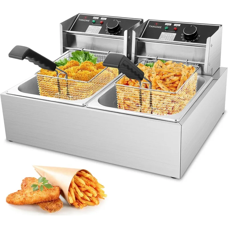 

3400W Electric Deep Fryers with 2x6.35QT Baskets Stainless Steel, 20.7QT Large Capacity with Temperature Limiter (12L)