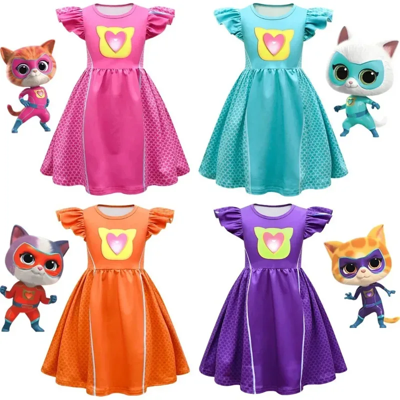 

l2025l Halloween Kids SuperKitties Cosplay Costume Cartoon Super Kitties Printed Girl Dresses Clothes Children Fly Sleeve Casual