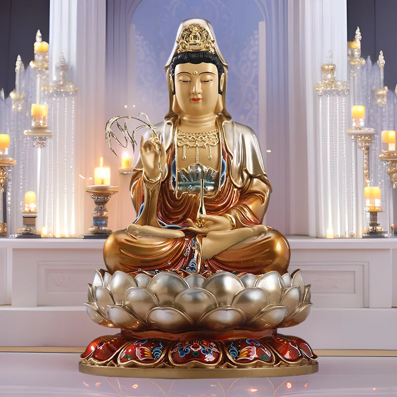 Taiwan Copper Painted Guanyin Buddha Statue for Home Worship South Sea Goddess Sculpture