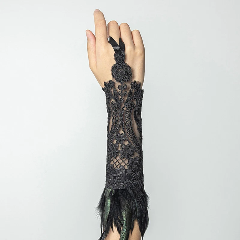 Guantes largos sin dedos de plumas de encaje para mujer, pulsera de malla gótica, puños de boda, accesorios de fiesta de Halloween, 1 Pc