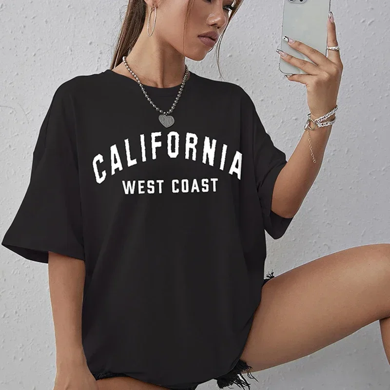 Vintage Women T Shirt California West Coast Print Short Sleeve T-shirt Harajuku Breathable Loose Crewneck Tee Unisex Clothes Top