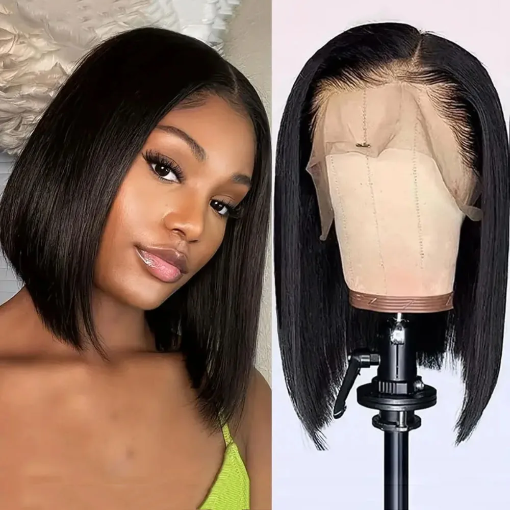 Straight Bob Wig Middle Part Lace Frontal Wig Human Hair Natural Hairline Remy Short Straight Closure Wig Preplucked Baby Hair