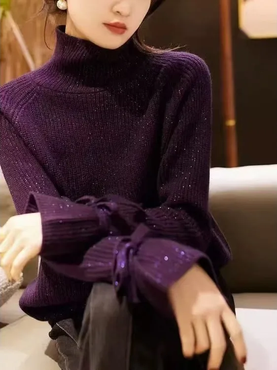 البومة تصميم الأرجواني عالية الياقة سترة المرأة ملابس داخلية قاعدة محبوك irt عادية Sle طويلة Sve الصوفية محبوك #1