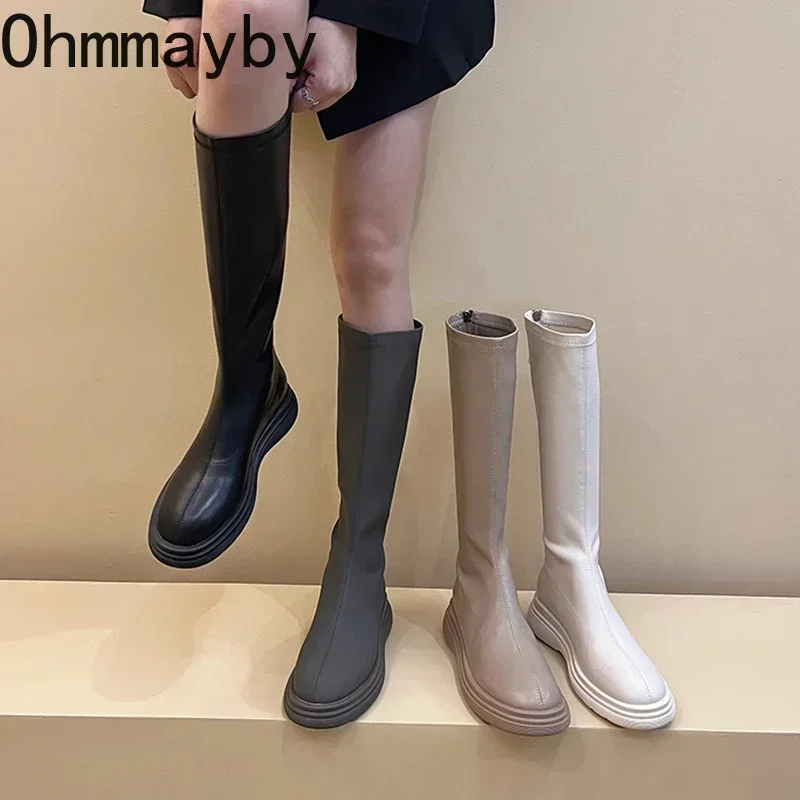 Winter Cotton Women\'s High Boots Fashion Soft Leather Back Zippers Long Botas Ladies Comfort Short Plush Knee High Booties