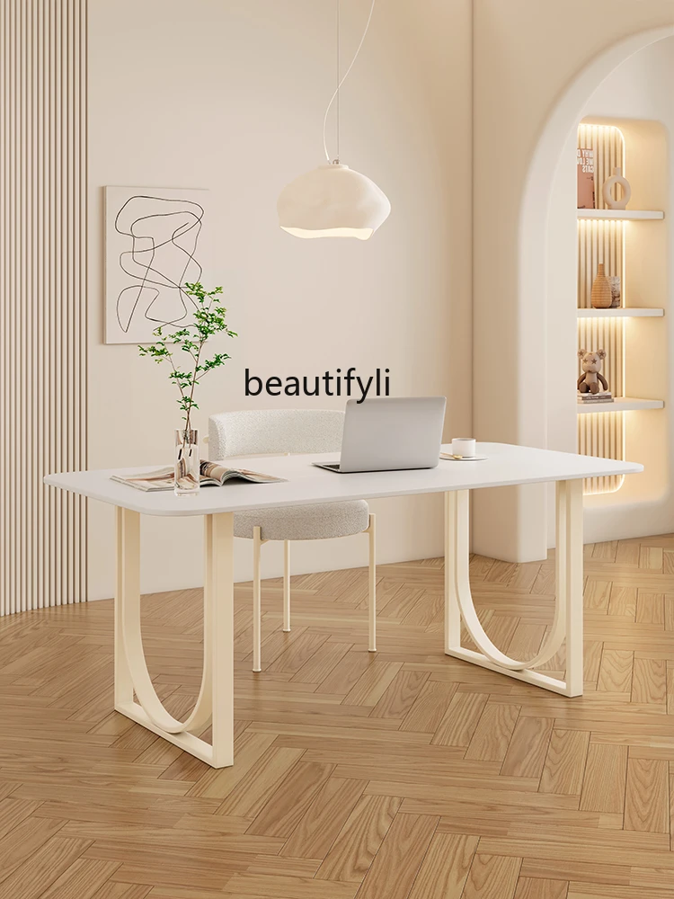 French Cream Style Stone Plate Desk Chair Computer Desk Office Desk Living Room White Tea Table Dining Table