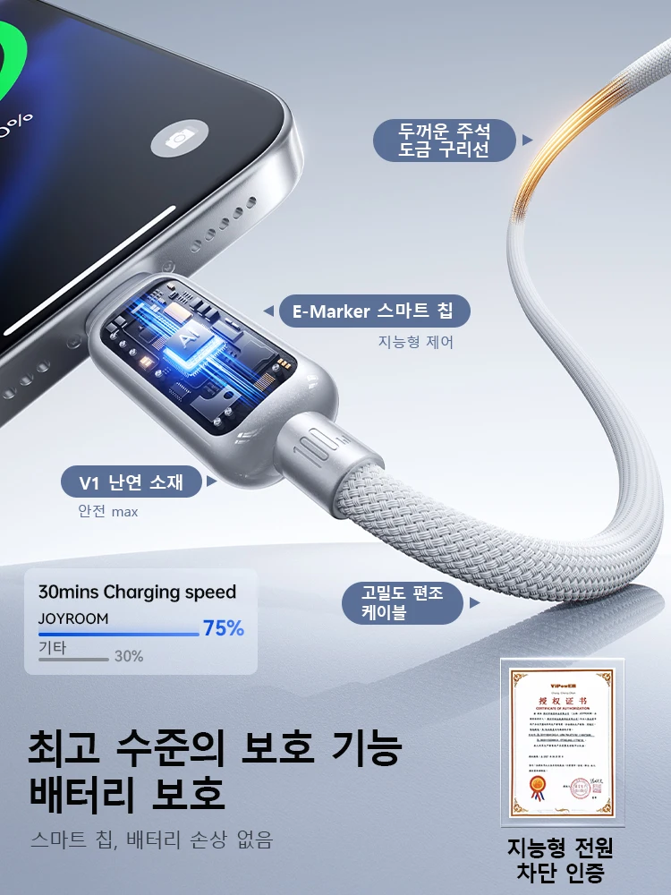 Joyroom 100W 1.2m 고속 충전 케이블 USB 타입-C에서 타입-C 케이블로 자... - 1