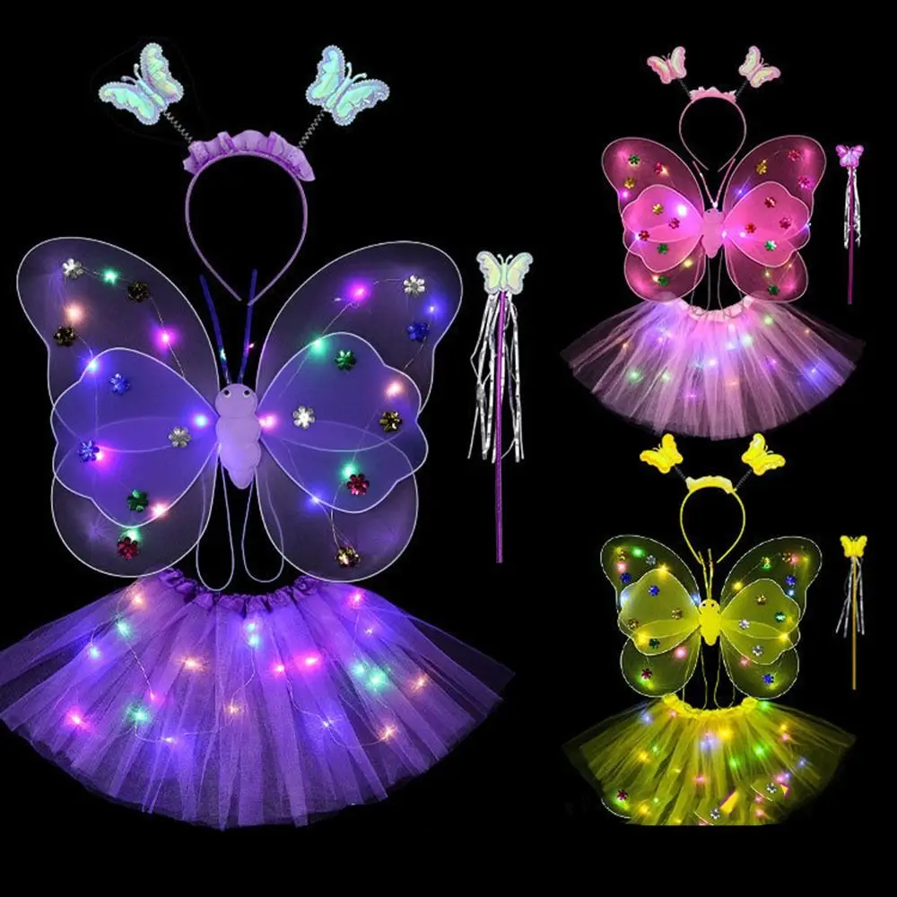 

LED Children Costume Props Girls Skirt Flashing Lights Butterfly Skirt Suit Angel Luminous Wings Butterfly Wings Fancy Dress Set