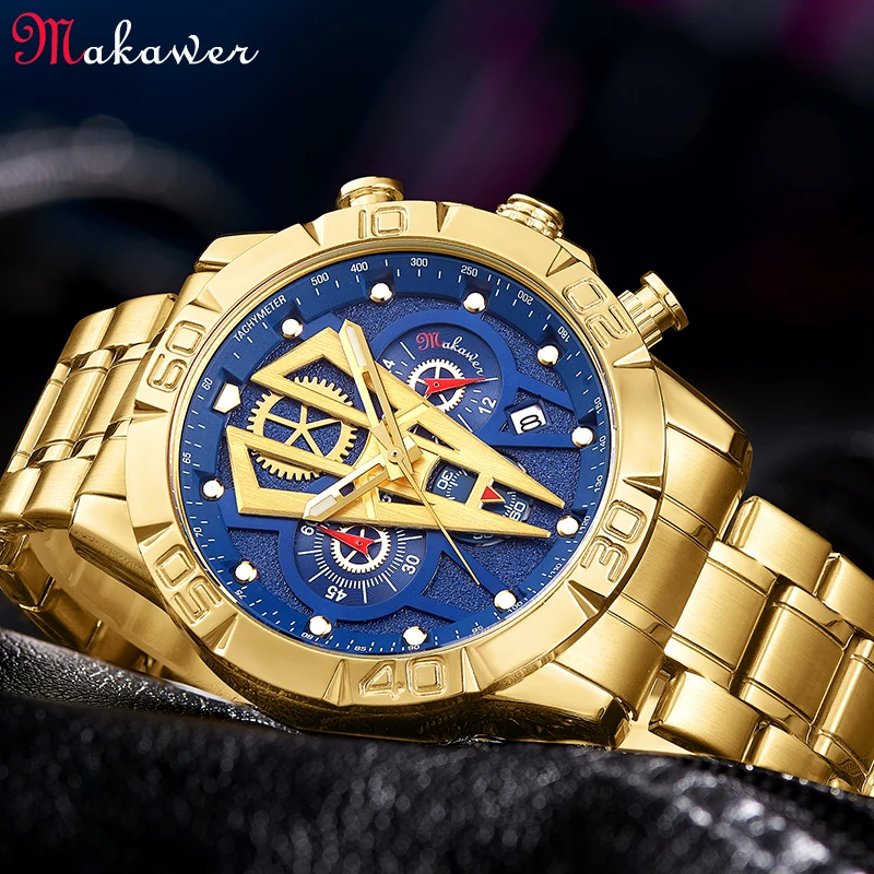 

Роскошные брендовые новые поступления, синий циферблат, золотой корпус, хронограф с датой, мужские кварцевые часы, наручные часы с ремешком из нержавеющей стали