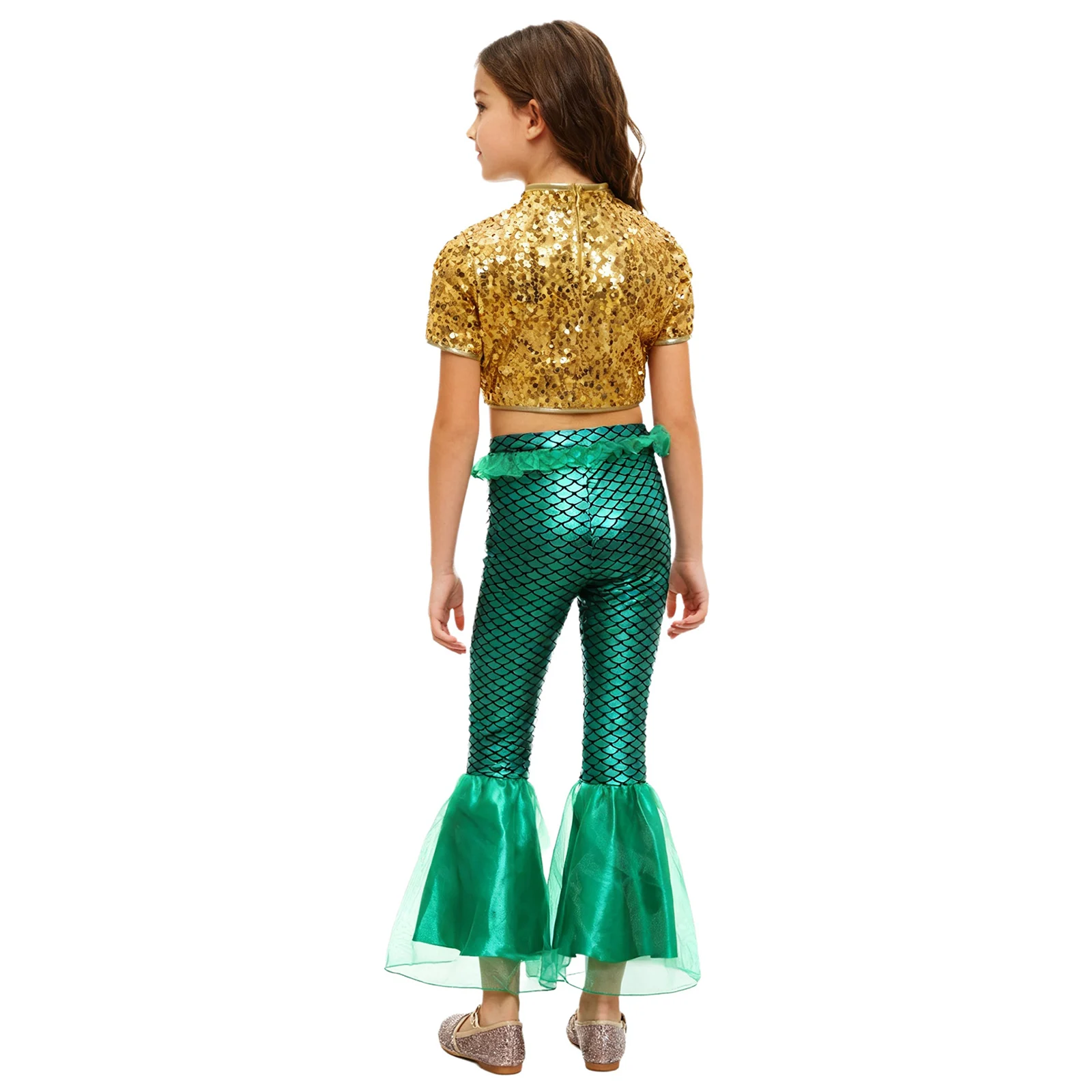 Trajes de Cosplay del rey de los mares de sirena para niñas, disfraz de fiesta temática, Top corto de lentejuelas brillantes con pantalones con volantes estampados de escamas de pescado