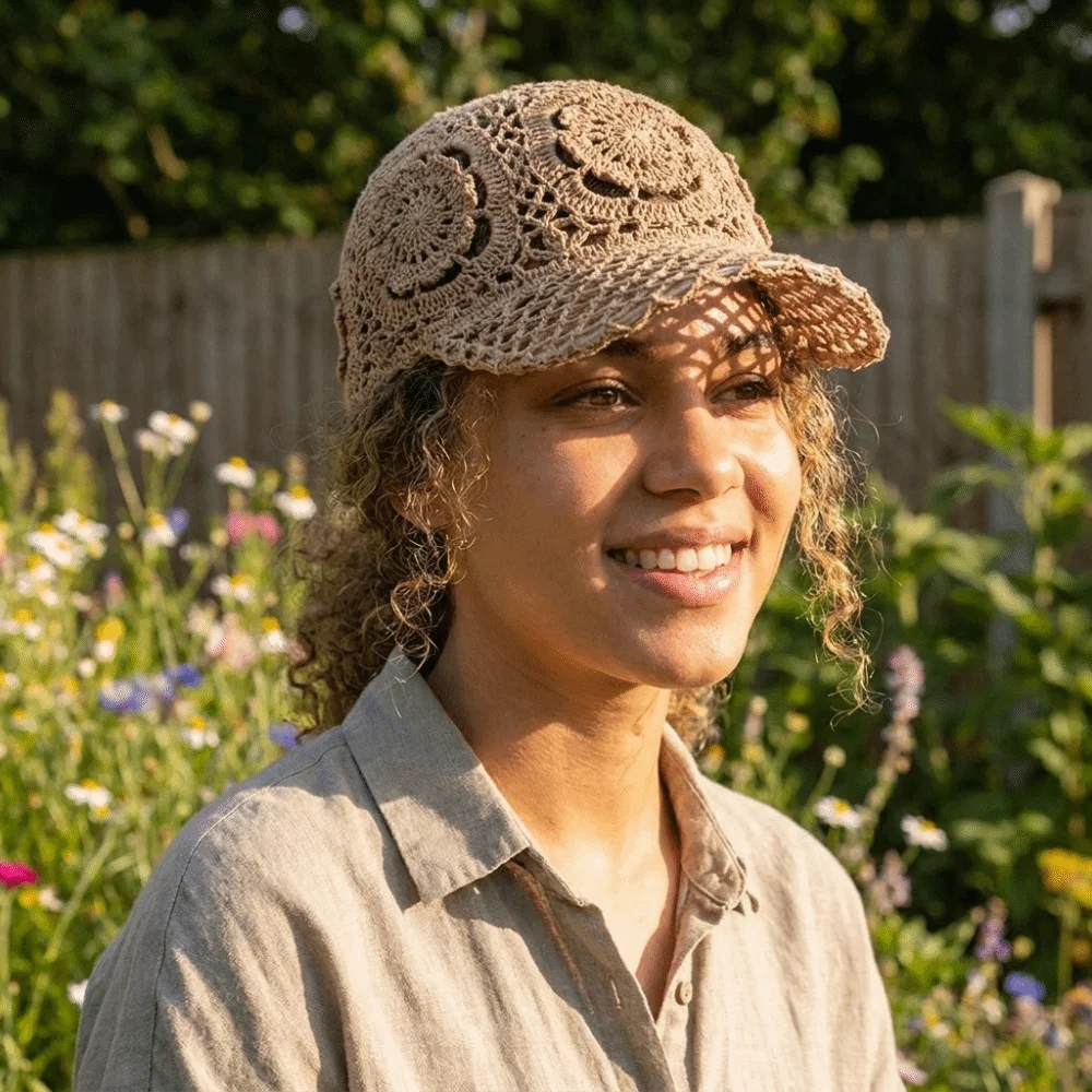 Versatile Adjustable Crochet Baseball Cap Polyester Floral Lace Sun Hat Openwork Multi-Color Mesh Peaked Cap Daily Wear